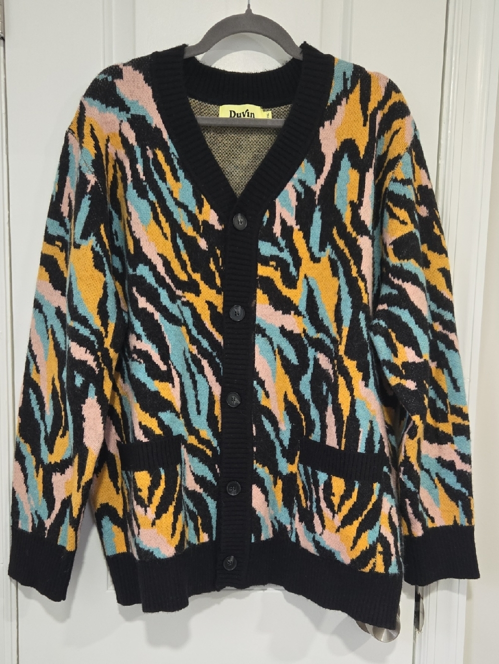 Duvin Design Co Neon Zebra Cardigan Men's 2XL Multicolor Animal Print Sweater